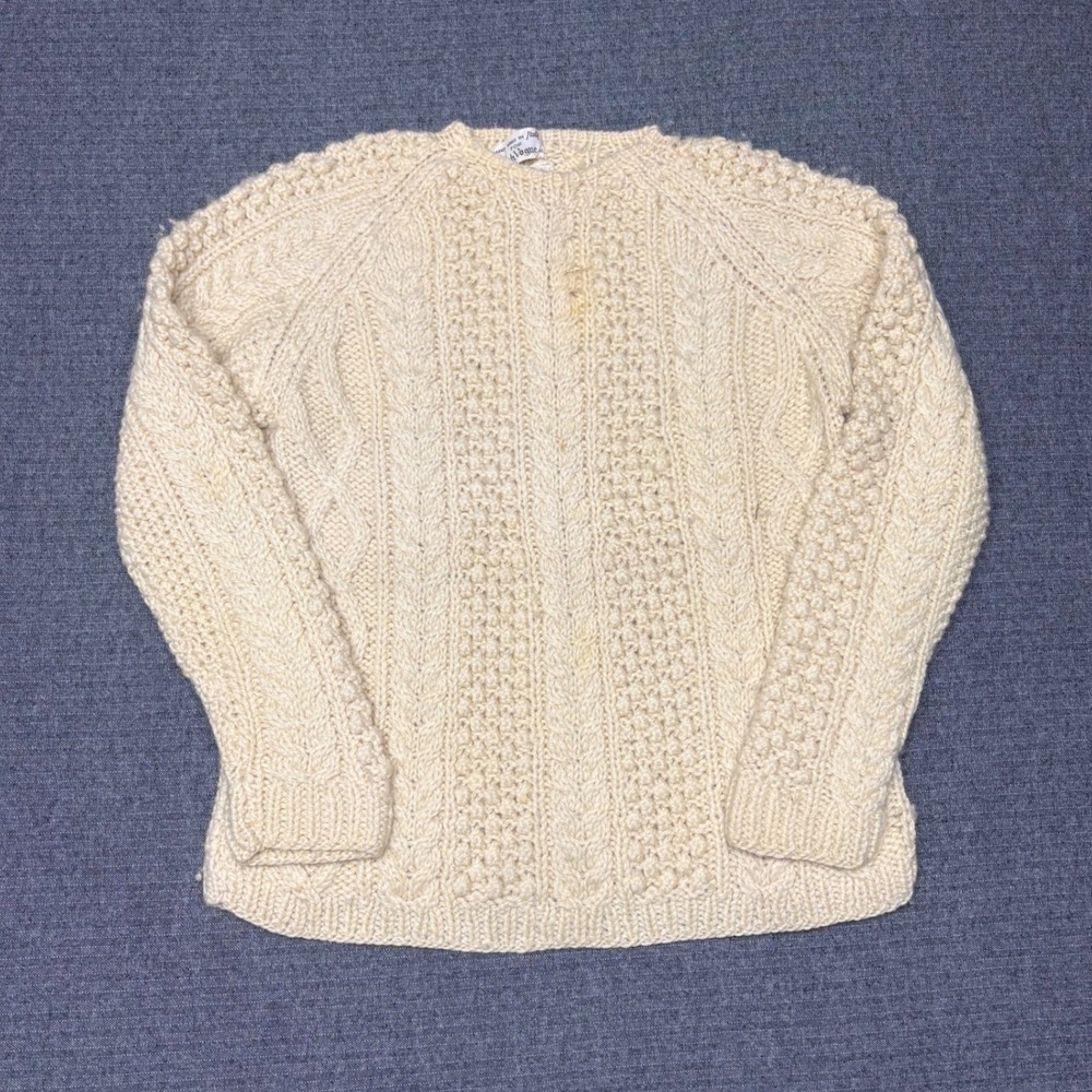 Vtg 90s British Vogue Hand Knit Italy Wool Cable‎ Fisherman Sweater Cream Mens M
